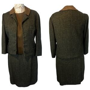 Vintage 1950s Glenhaven Green Brown Tweed 3pc Skirt Suit Set USA Made 6-8